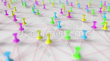 彩色引脚和线程网络模型在一个插板上，特写3D动画